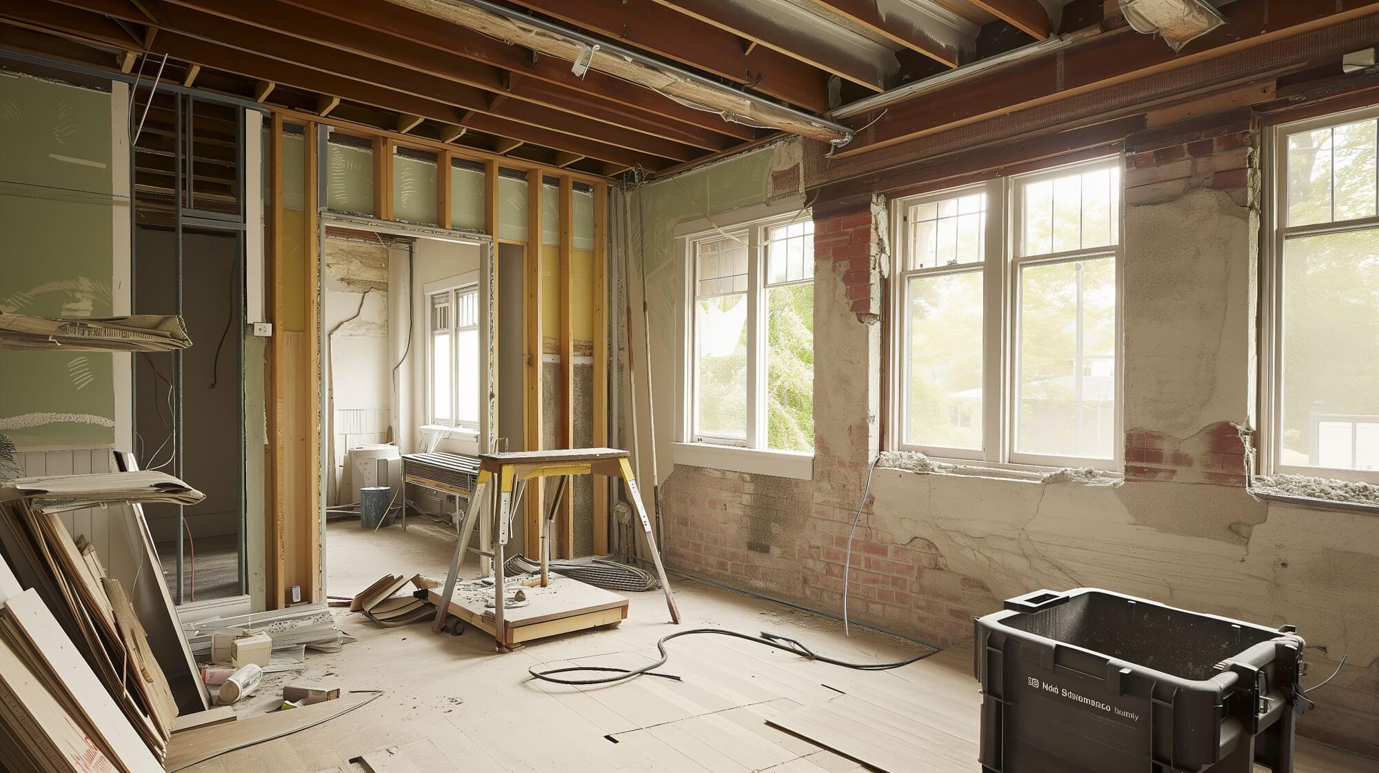 Exposed framing during structural drying and reconstruction in New Washoe City, NV